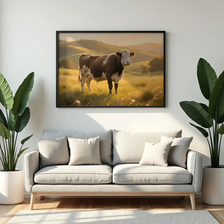 Cow in Sunset Meadow Rural Landscape Print