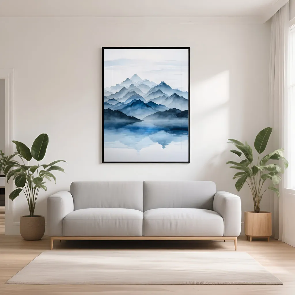 PixuPrint Misty Blue Mountains Lake Reflection