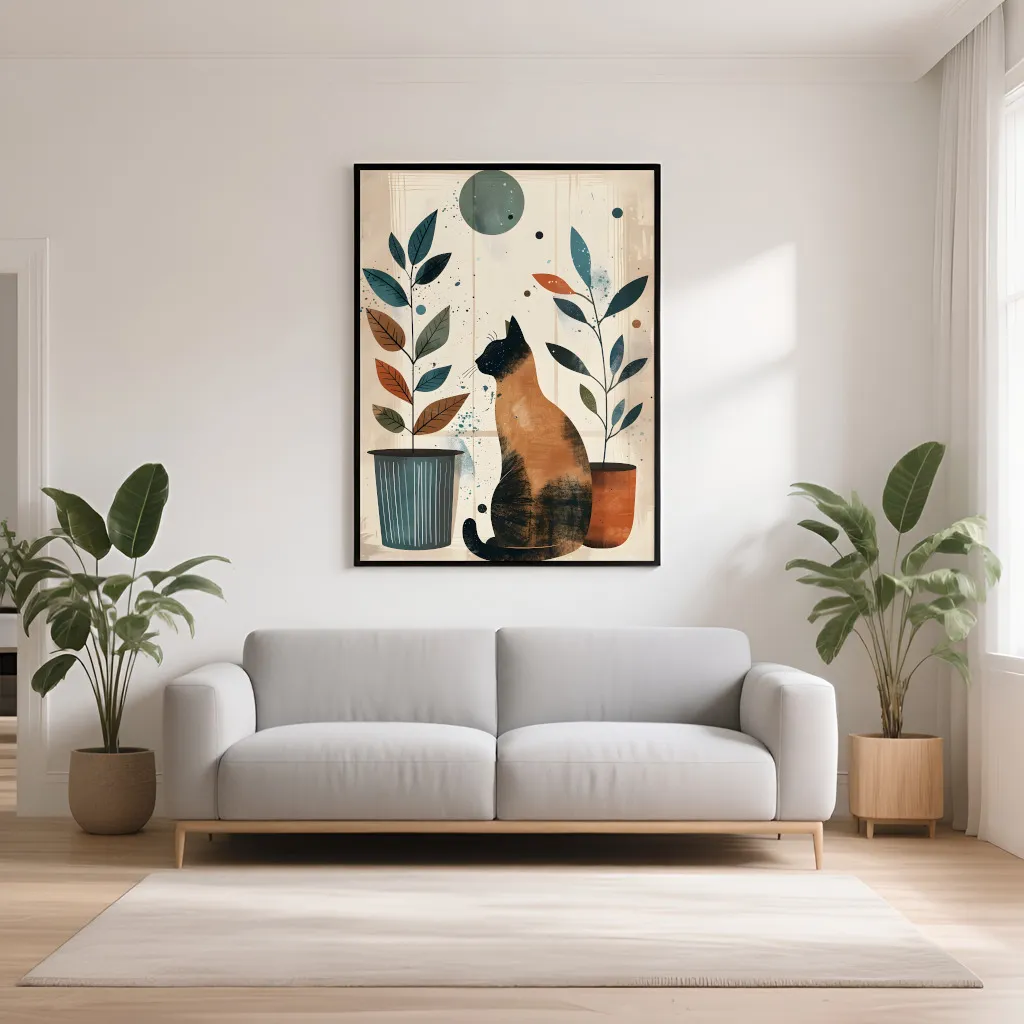PixuPrint Cat Sitting Floor Potted Plants Boho