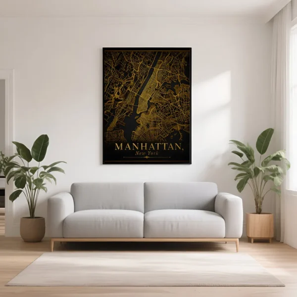 PixuPrint Manhattan Black Gold Map Print