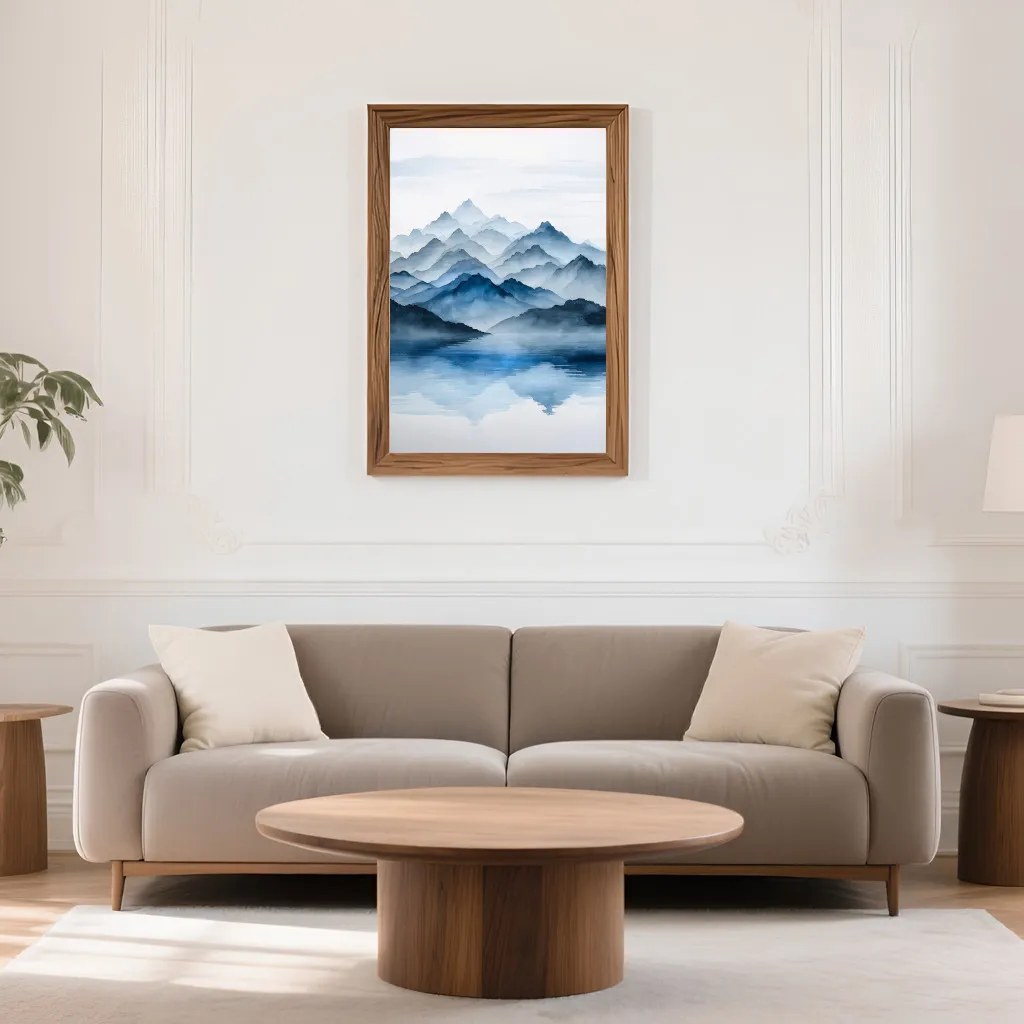 PixuPrint Misty Blue Mountains Lake Reflection