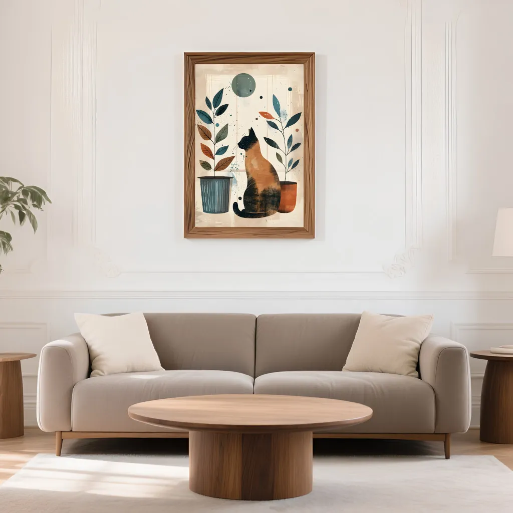 PixuPrint Cat Sitting Floor Potted Plants Boho