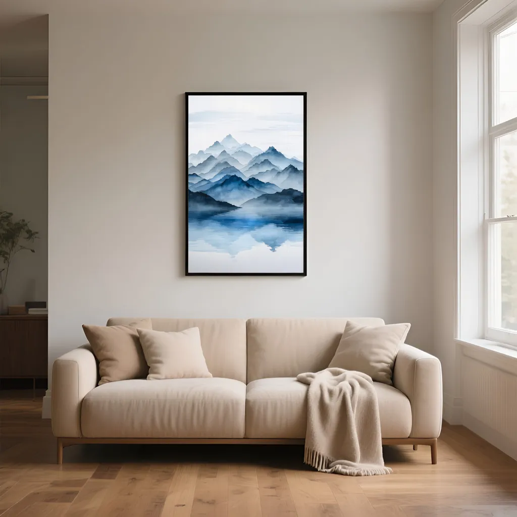 PixuPrint Misty Blue Mountains Lake Reflection