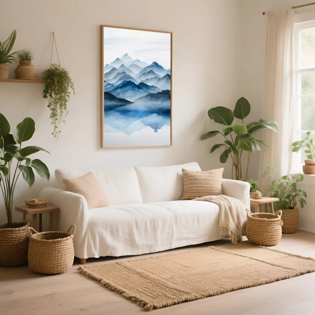 PixuPrint Misty Blue Mountains Lake Reflection