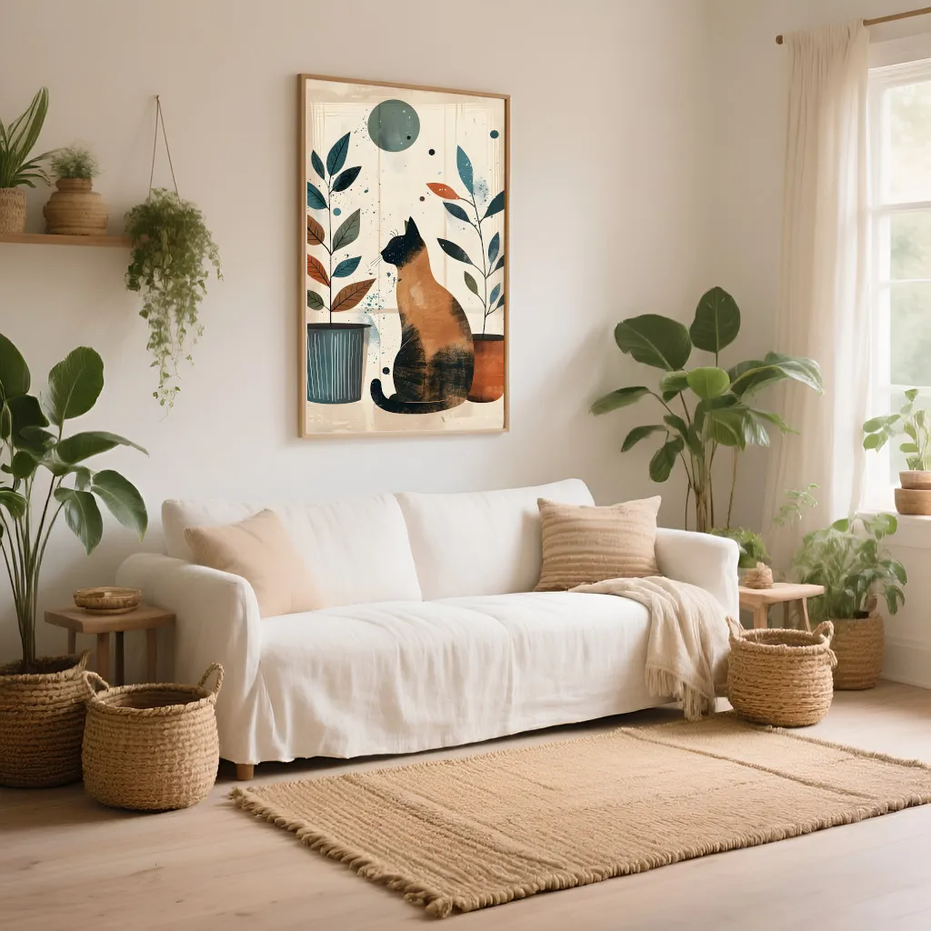 PixuPrint Cat Sitting Floor Potted Plants Boho