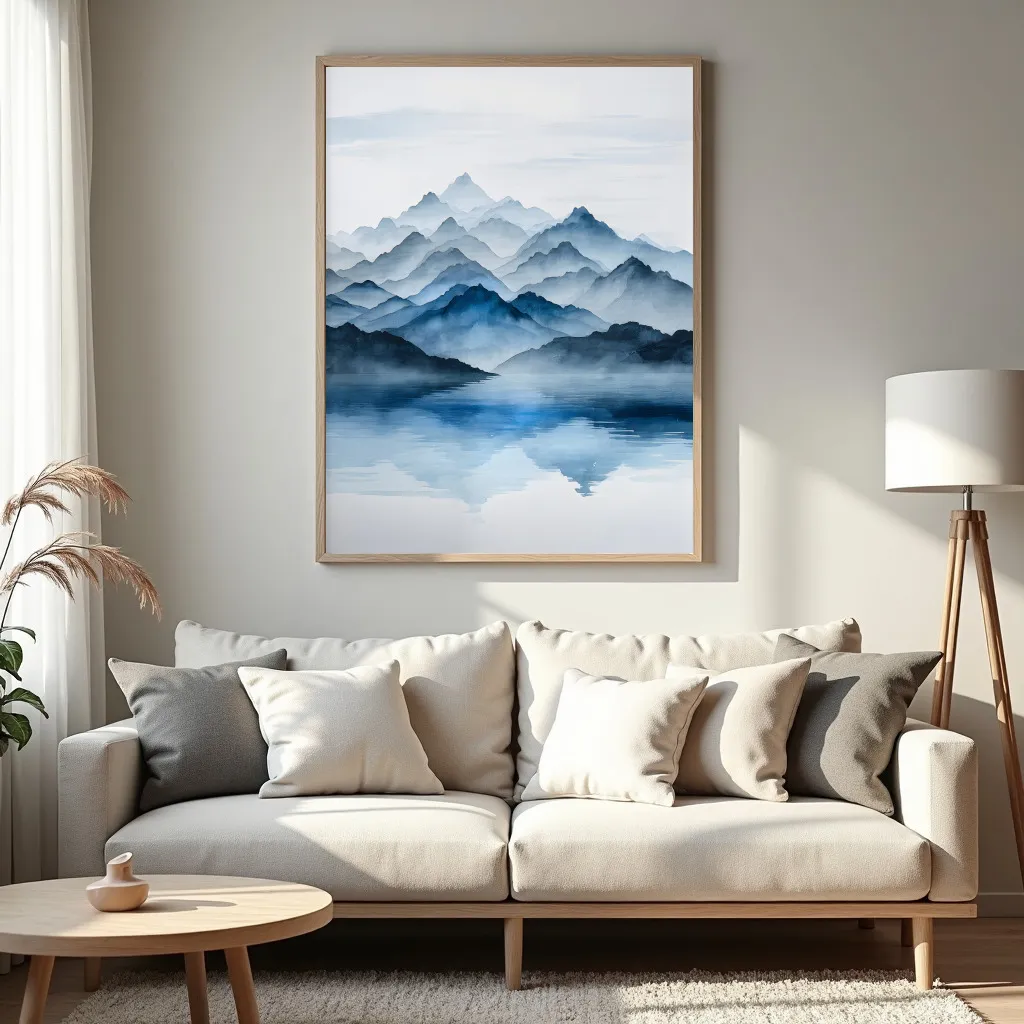 PixuPrint Misty Blue Mountains Lake Reflection
