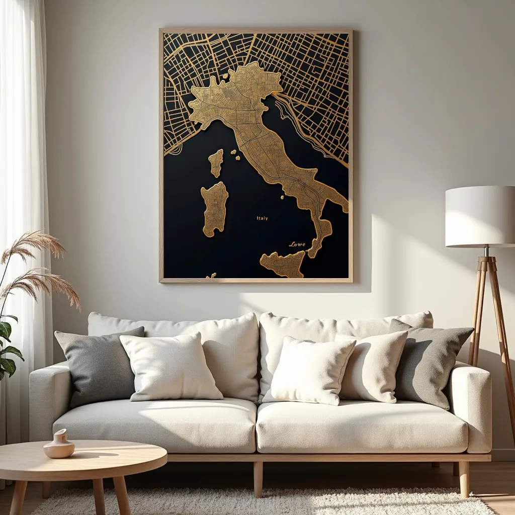 PixuPrint Italy Black Gold Map Print
