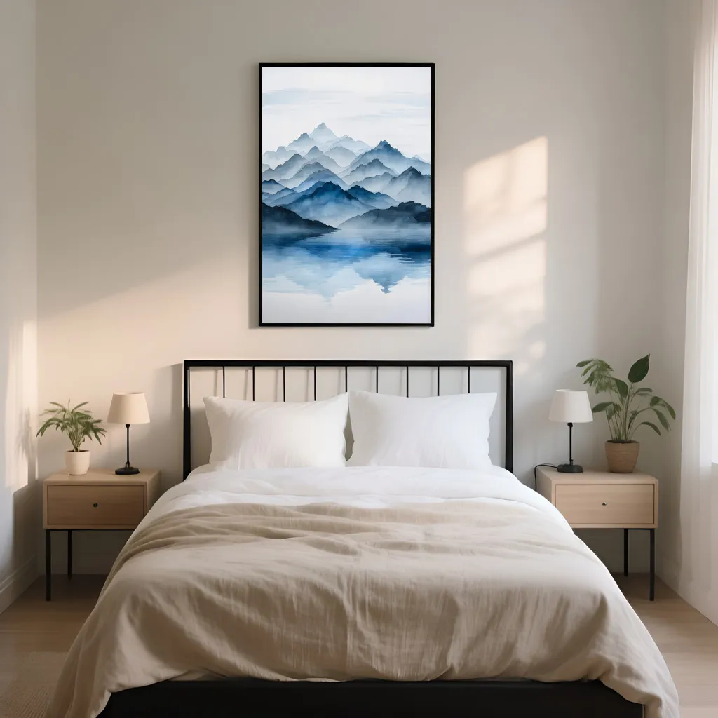 PixuPrint Misty Blue Mountains Lake Reflection