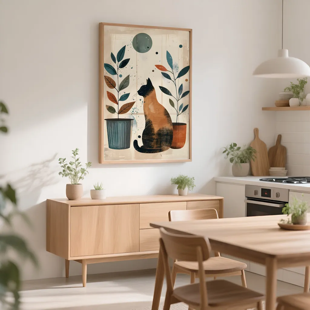 PixuPrint Cat Sitting Floor Potted Plants Boho