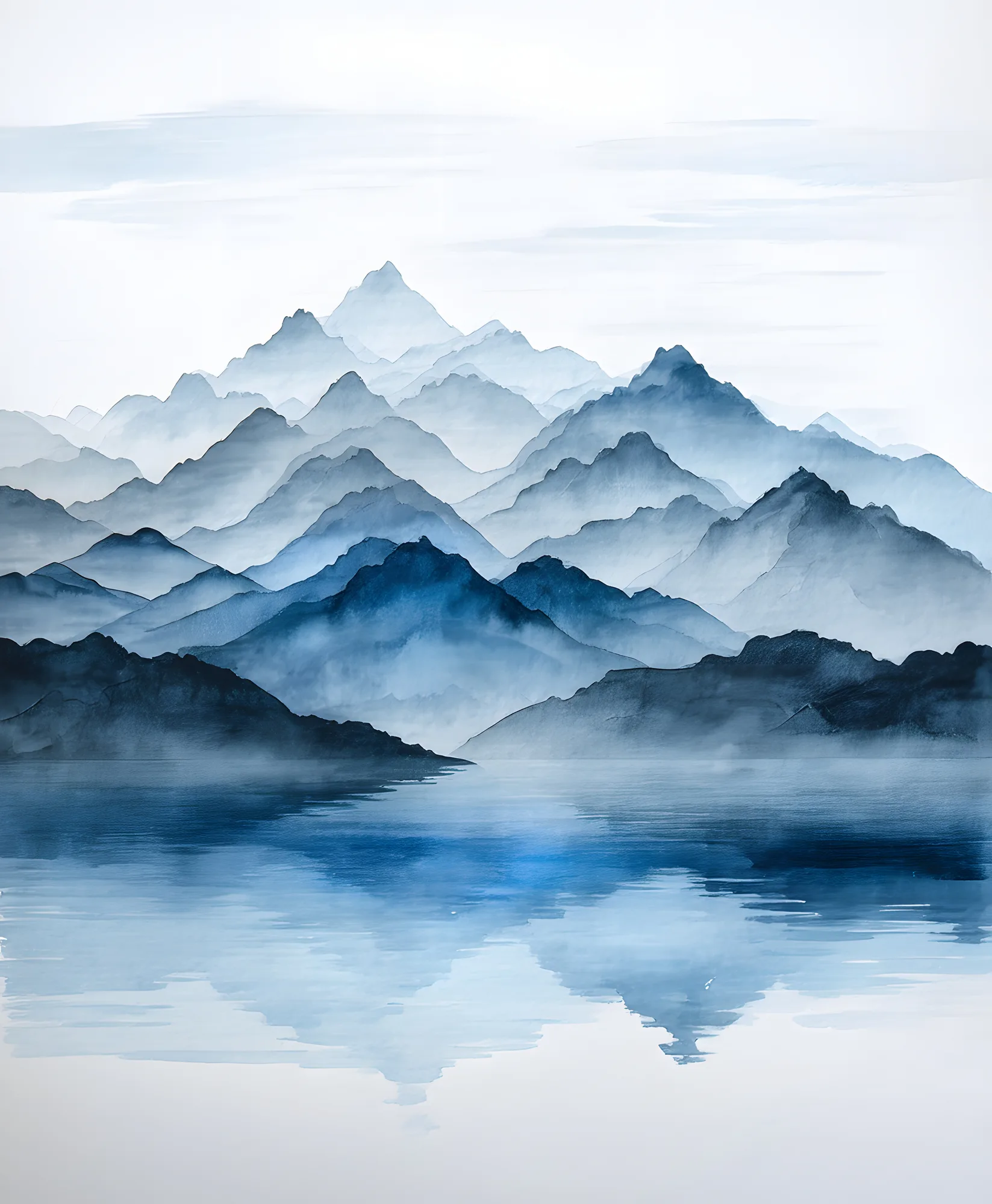 PixuPrint Misty Blue Mountains Lake Reflection