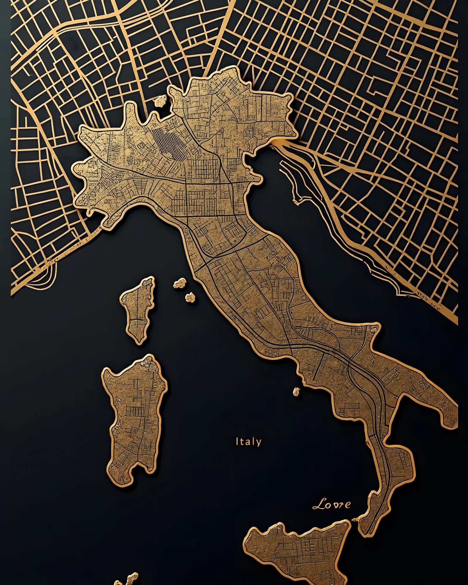 PixuPrint Italy Black Gold Map Print
