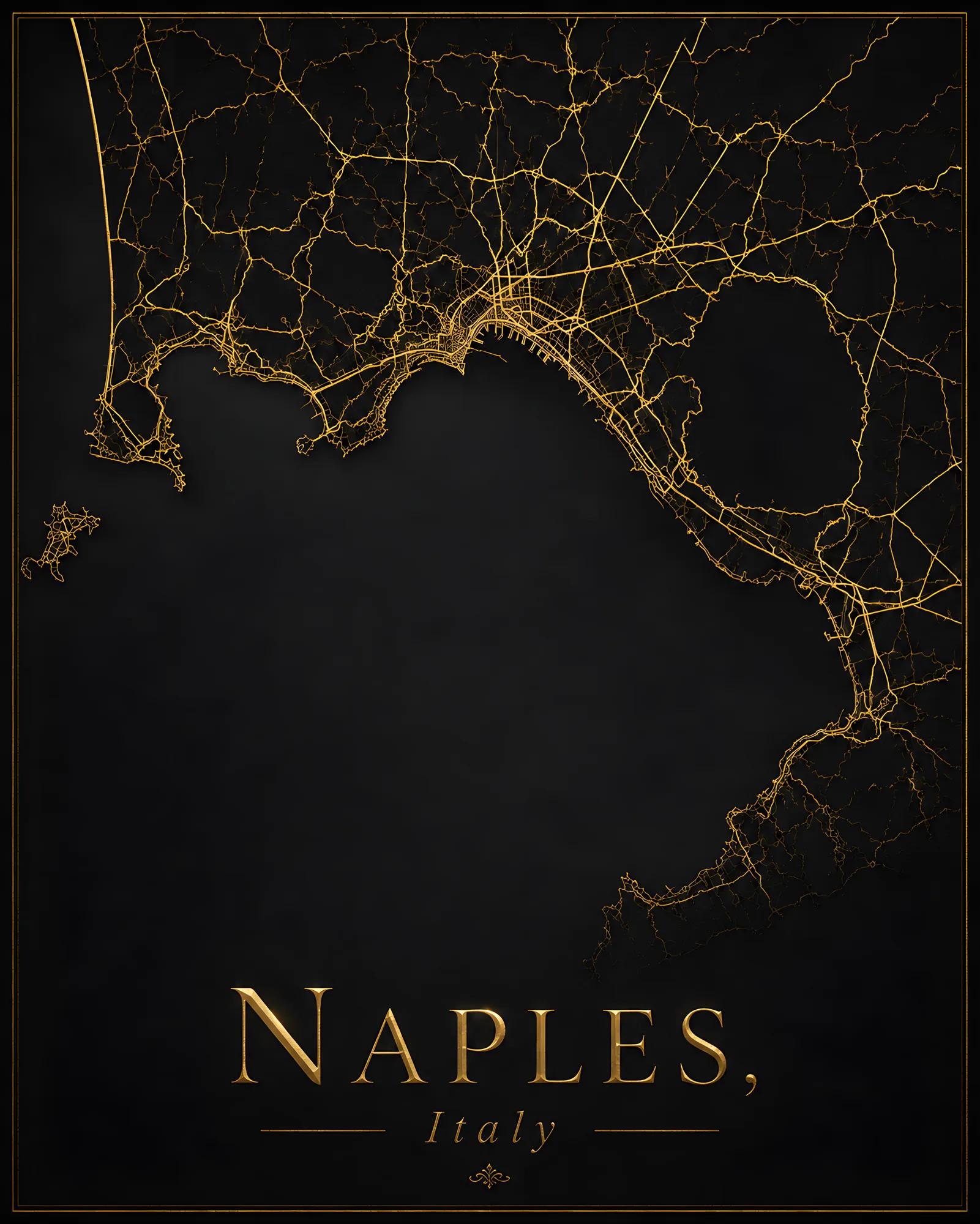 PixuPrint Naples Black Gold Map Print