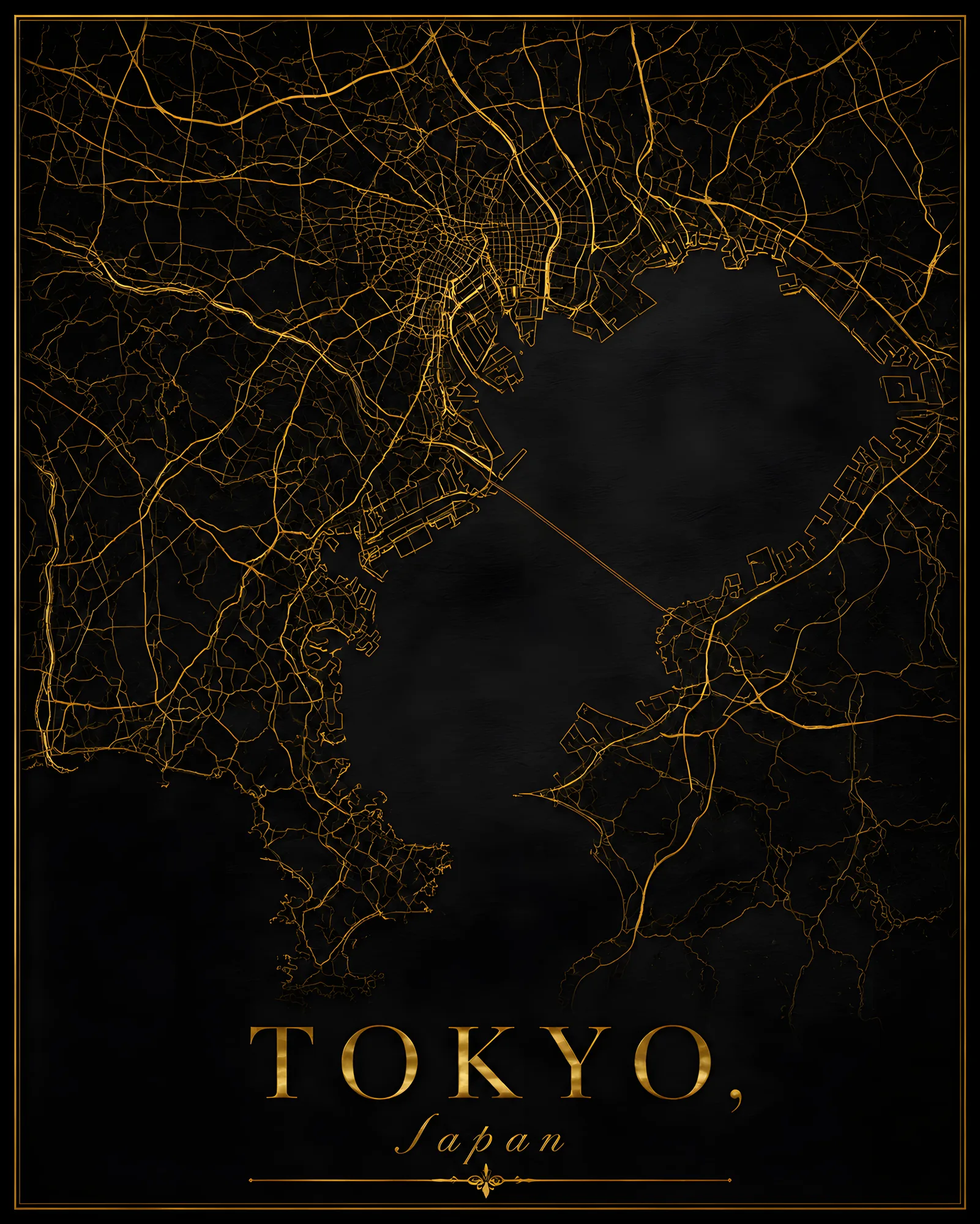 PixuPrint Tokyo Black Gold Map Print
