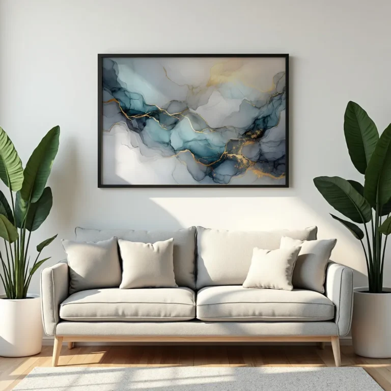 Opera astratta blu e oro effetto marmo elegante